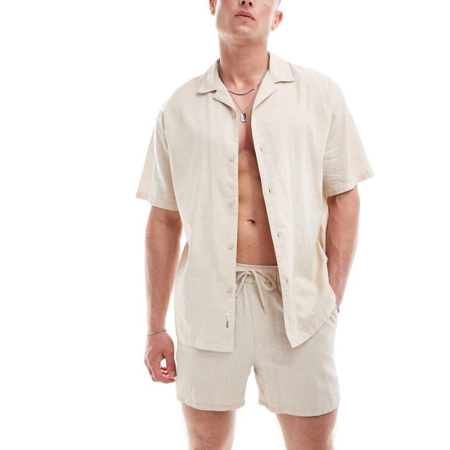 Pull & Bear - Overhemd van linnenmix met reverskraag in zandkleur-Neutraal Multicolor