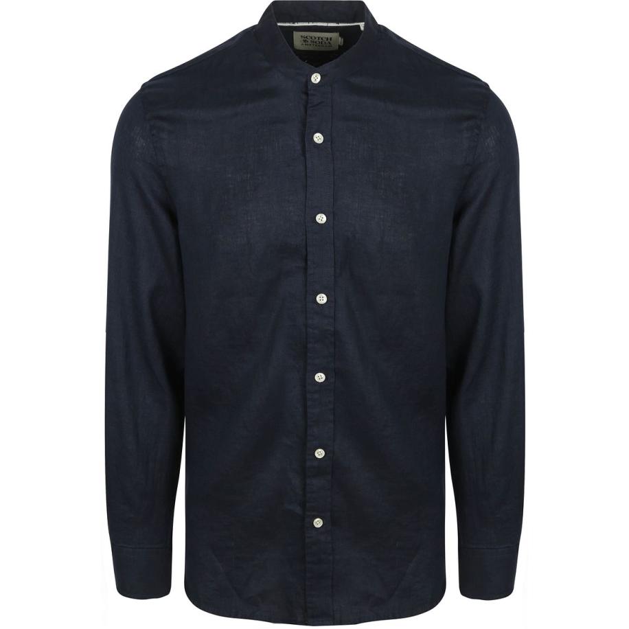 Scotch and Soda Linnen Mao Overhemd Navy Blauw