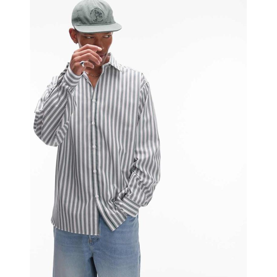 Topman - Oversized gestreept net overhemd met lange mouwen in groen-Wit Wit