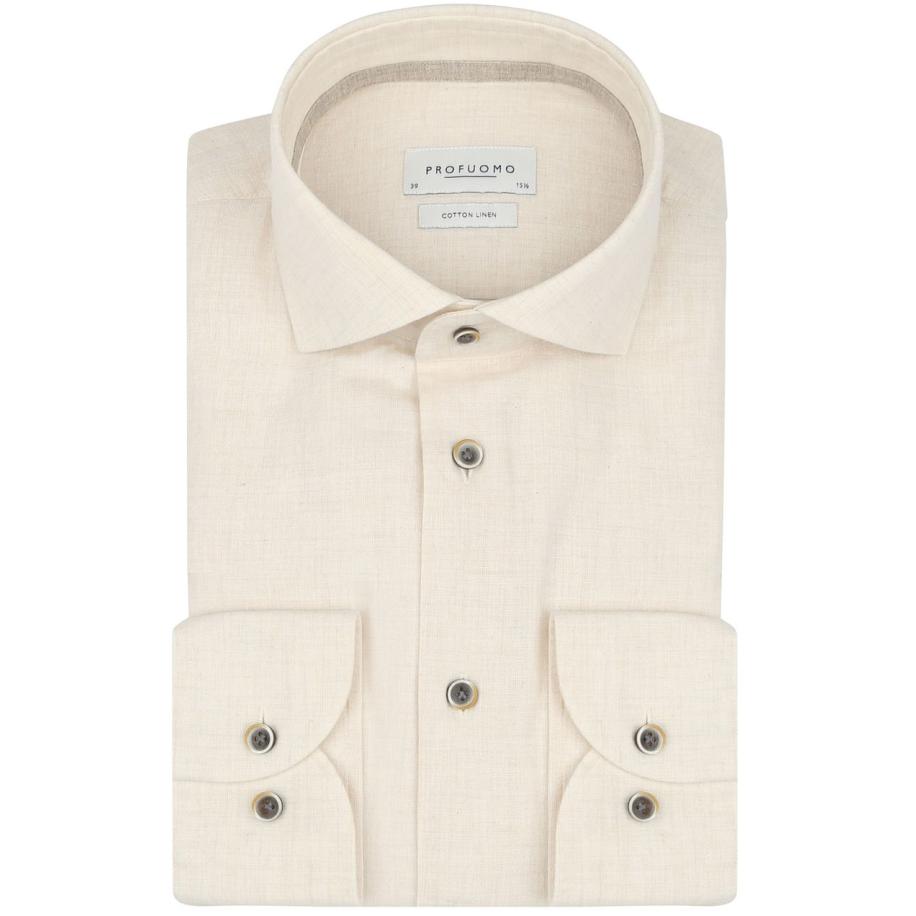 Profuomo Overhemd Linnen Blend Ecru Bruin