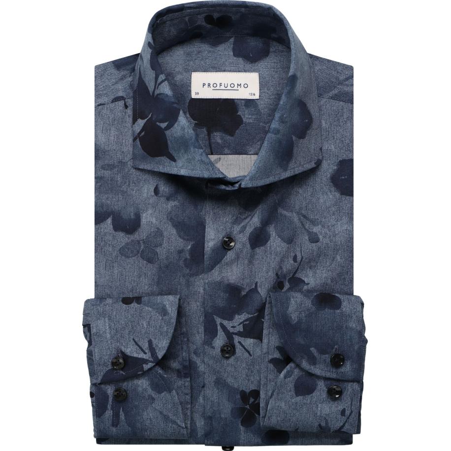 Profuomo Overhemd Marine, Bloemen Blauw