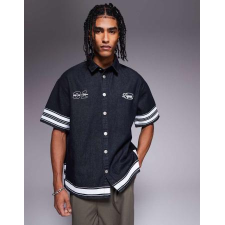 Liquor N Poker - Oversized varsity overhemd in raw denim-Blauw