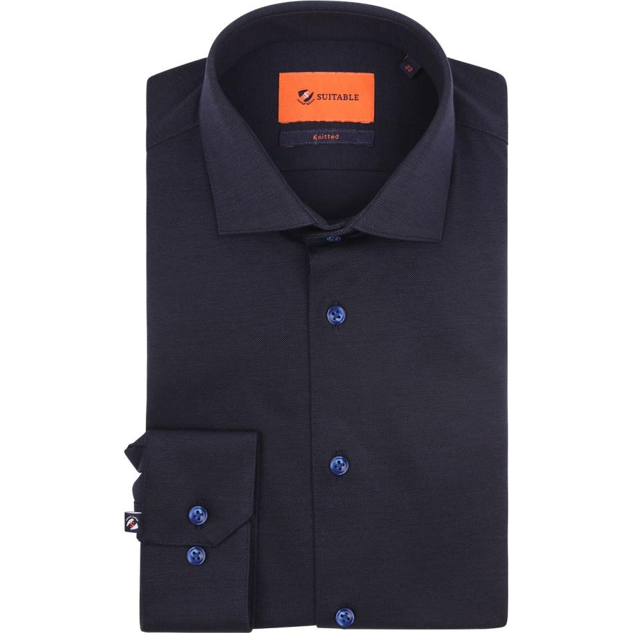 Suitable Knitted Pique Overhemd Navy Blauw