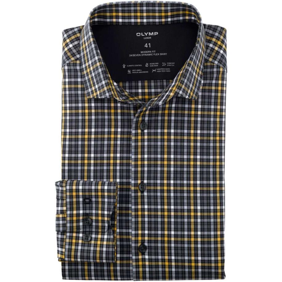 OLYMP Luxor 24/Seven Dynamic Flex Overhemd zwart/geel, Ruit Multicolor