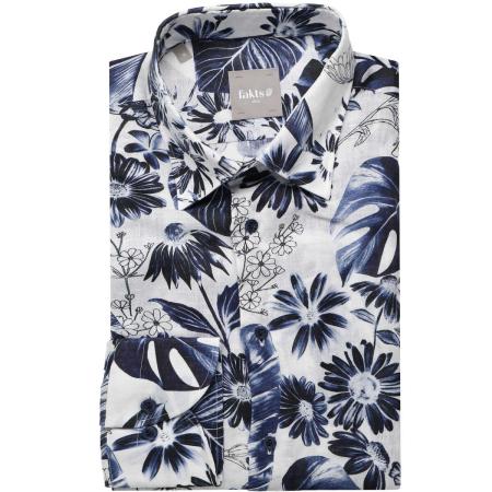 fakts Leisure Linnen Overhemd blauw/wit, Bloemen