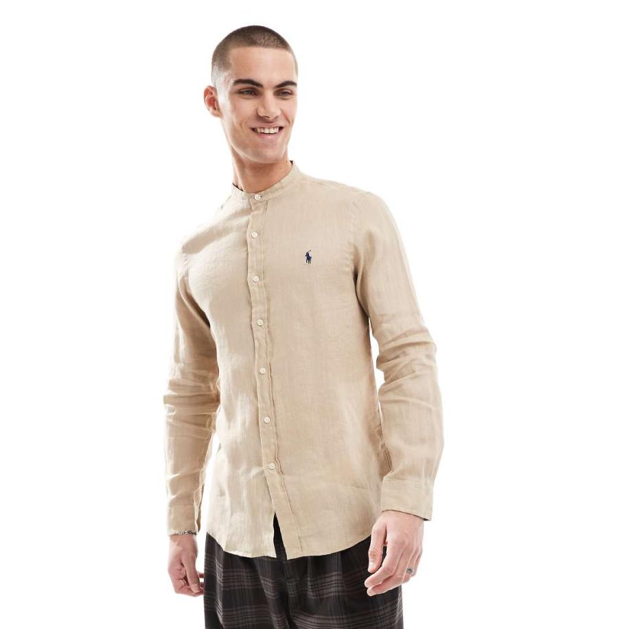 Polo Ralph Lauren - Slim-fit overhemd van linnen met kraagje en logo in beige-Neutraal Multicolor