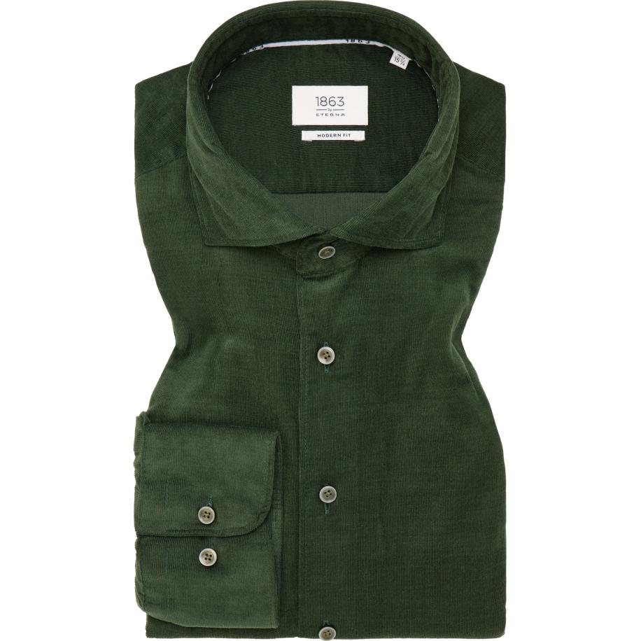 ETERNA 1863 ribfluwelen overhemd groen, Effen Groen