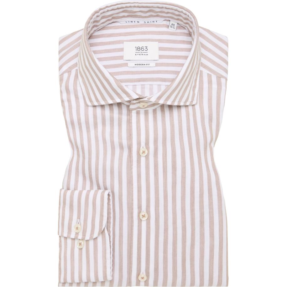 ETERNA 1863 Linnen Overhemd beige-bruin, Gestreept Bruin