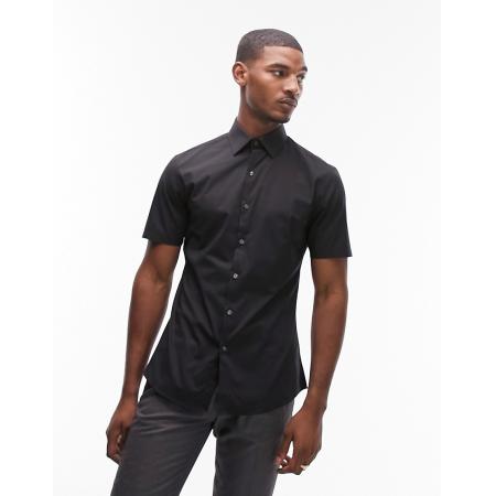 Topman - Net slim-fit overhemd met korte mouwen in zwart