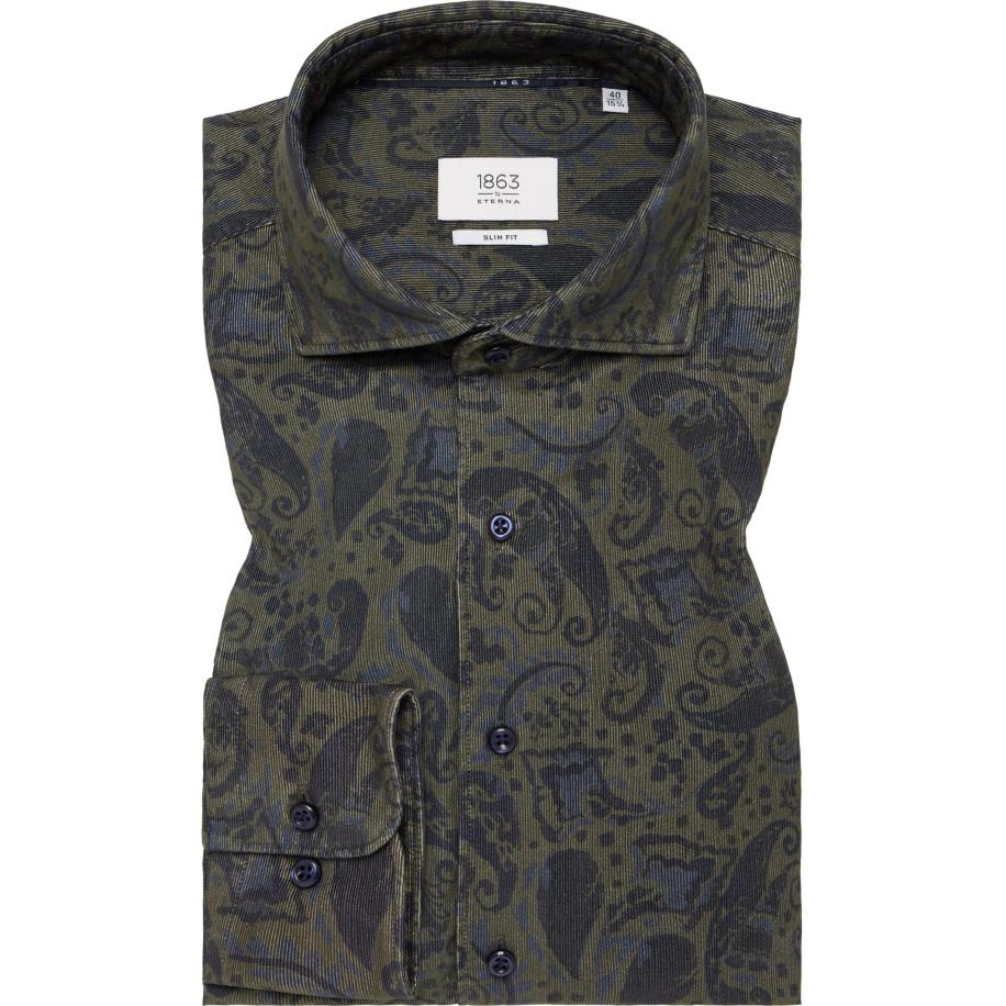ETERNA 1863 ribfluwelen overhemd bruin, Bedrukt Groen