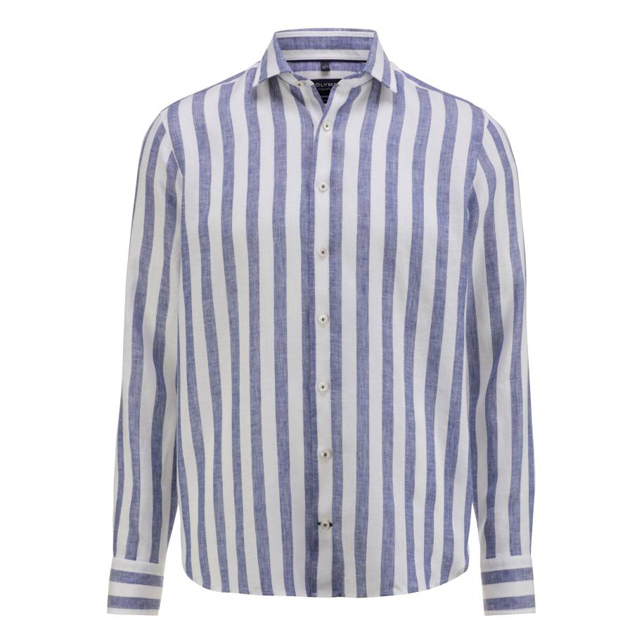 OLYMP SIGNATURE Soft Business Linnen Overhemd nachtblauw, Gestreept Blauw