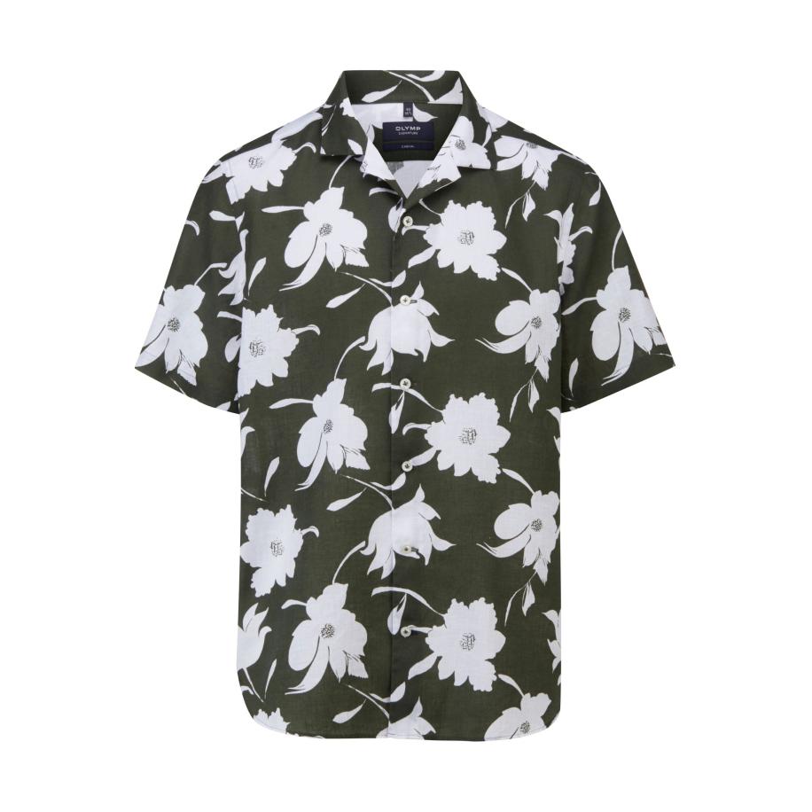 OLYMP SIGNATURE Soft Business Linnen Overhemd olijf, Bedrukt Groen