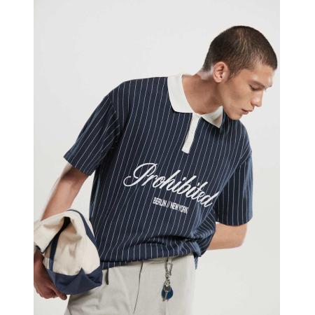 Prohibited - Gestreept op voetbal geïnspireerd shirt met kraag en logo in marineblauw