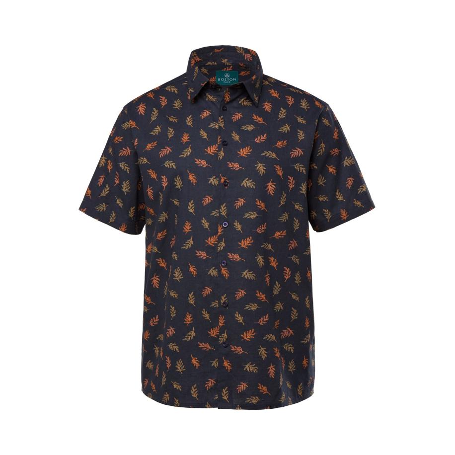 Boston Park Boston Park Overhemd nachtblauw / lichtbruin / oranje -