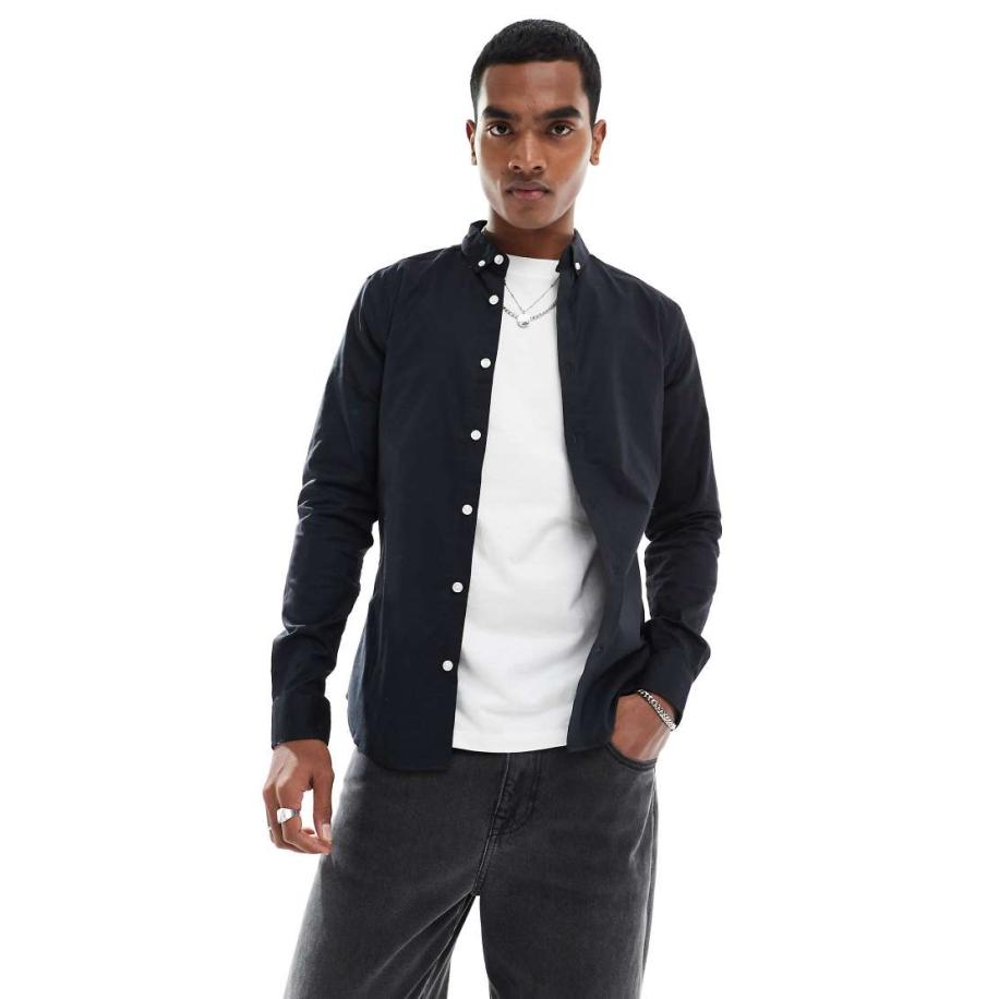 New Look - Muscle fit overhemd met lange mouwen in zwart Zwart