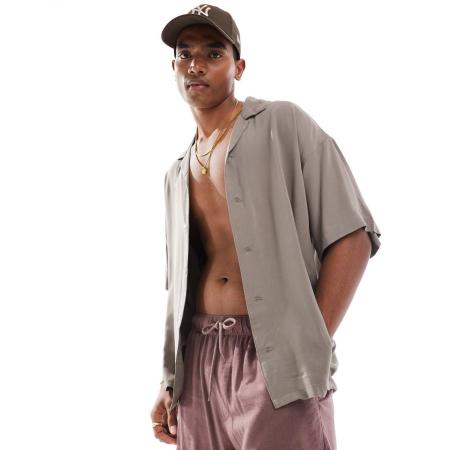 ADPT - Oversized overhemd met reverskraag in beige-Neutraal