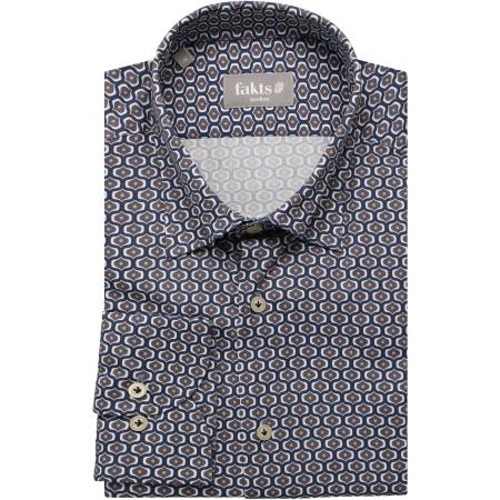 fakts Busy Overhemd blauw/bruin/wit, Motief