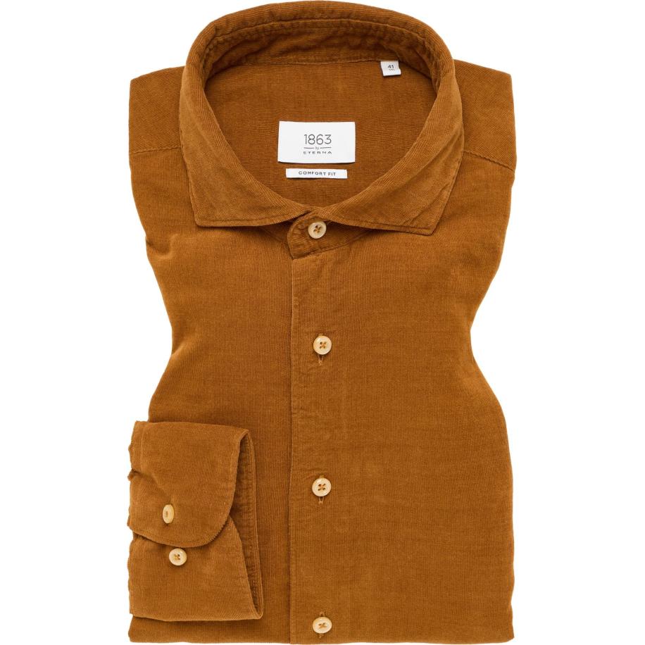 ETERNA 1863 ribfluwelen overhemd beige-bruin, Effen Bruin