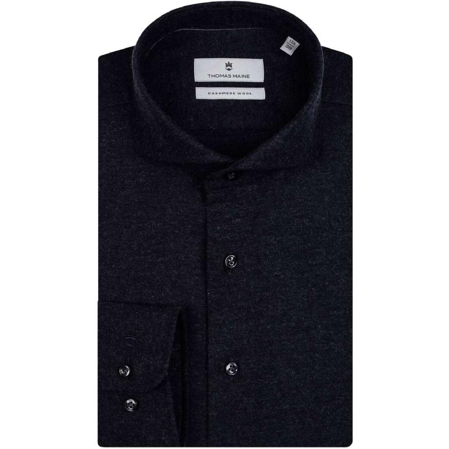 Thomas Maine Flanellen Overhemd Marine, Effen Blauw