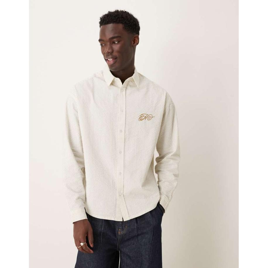 ASOS DESIGN - Jaren 90 gestreept oversized overhemd van seersucker met borduursel op de borst in beige-Neutraal Multicolor
