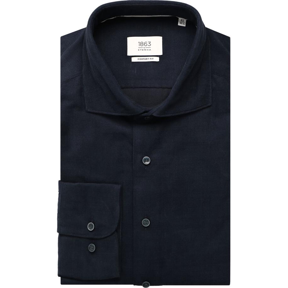 ETERNA 1863 ribfluwelen overhemd marine, Effen Blauw