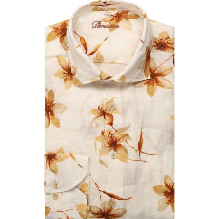 Stenströms Casual Linnen Overhemd wit/bruin, Motief