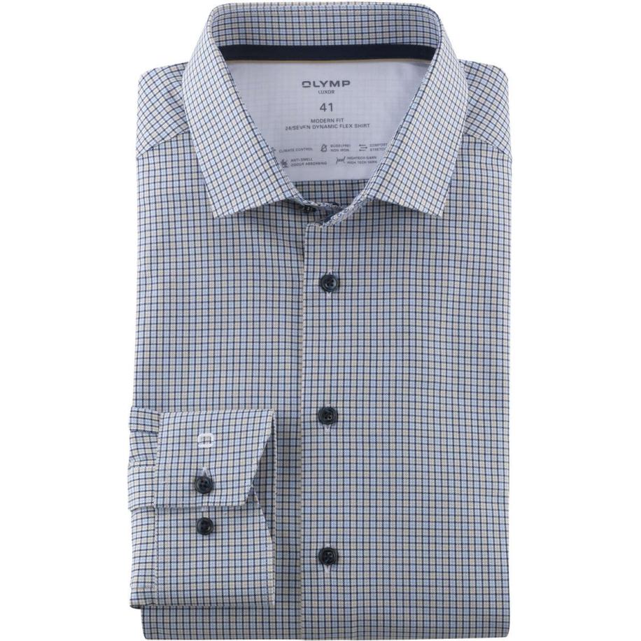 OLYMP Luxor 24/Seven Overhemd blauw/bruin, Ruit Blauw