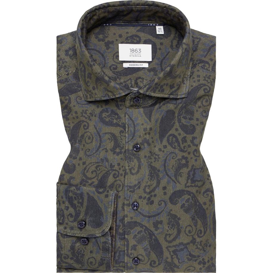ETERNA 1863 ribfluwelen overhemd bruin, Bedrukt Groen