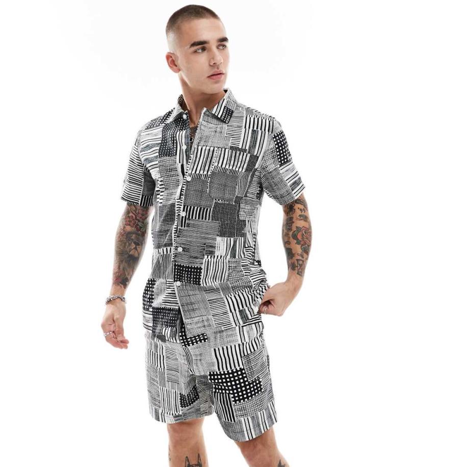 Farah - Chiltern - Overhemd met korte mouwen in zwart en witte print, deel van co-ord set Zwart