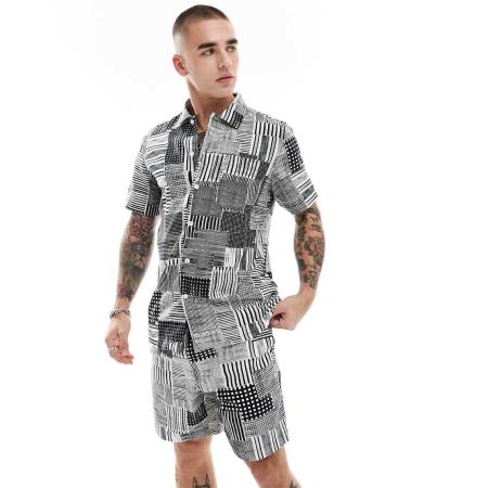 Farah - Chiltern - Overhemd met korte mouwen in zwart en witte print, deel van co-ord set