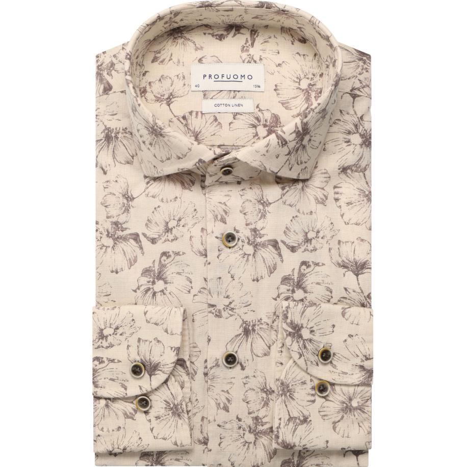 Profuomo Linnen Overhemd beige, Bloemen Bruin