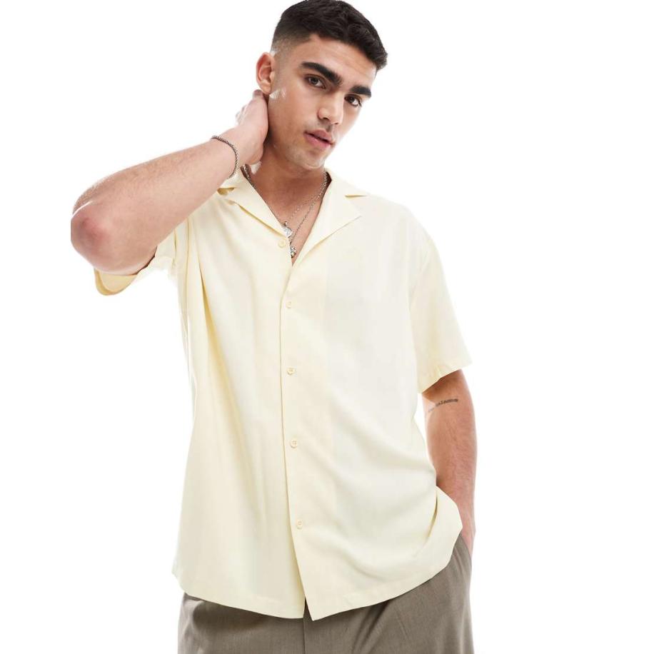 Dr Denim - Madi - Ruimvallend resort overhemd met korte mouwen in geborduurd botergeel Geel