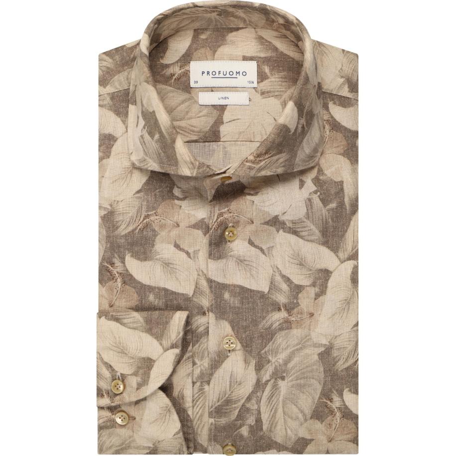 Profuomo Linnen Overhemd beige, Bloemen Bruin