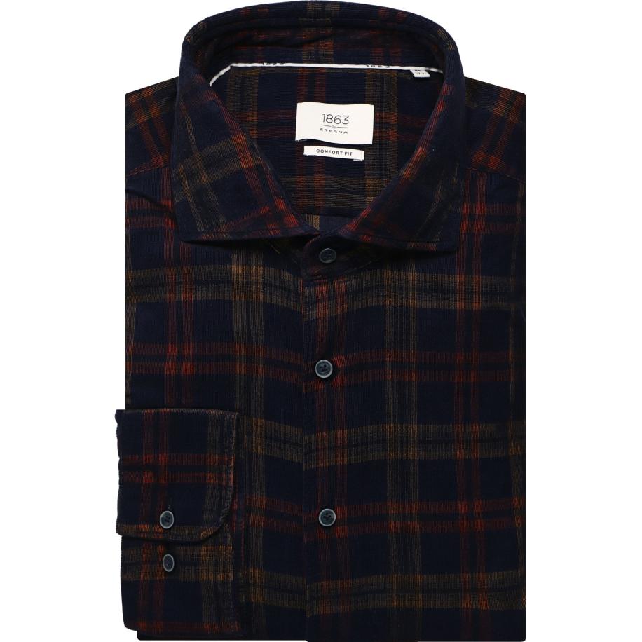 ETERNA 1863 ribfluwelen overhemd marine, Ruit Blauw