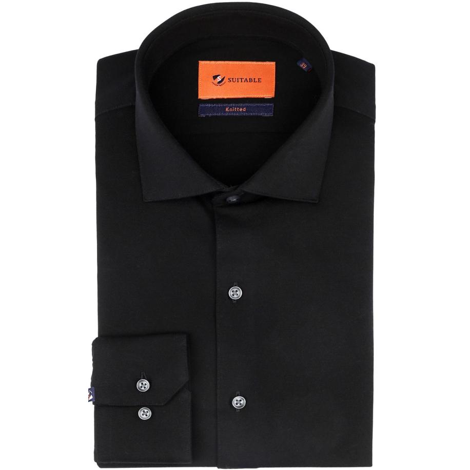 Suitable Overhemd Knitted Pique Zwart Zwart
