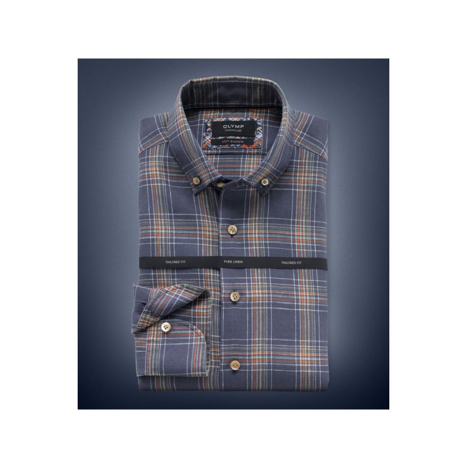 OLYMP SIGNATURE Soft Business Linnen Overhemd donkerblauw, Ruit Blauw