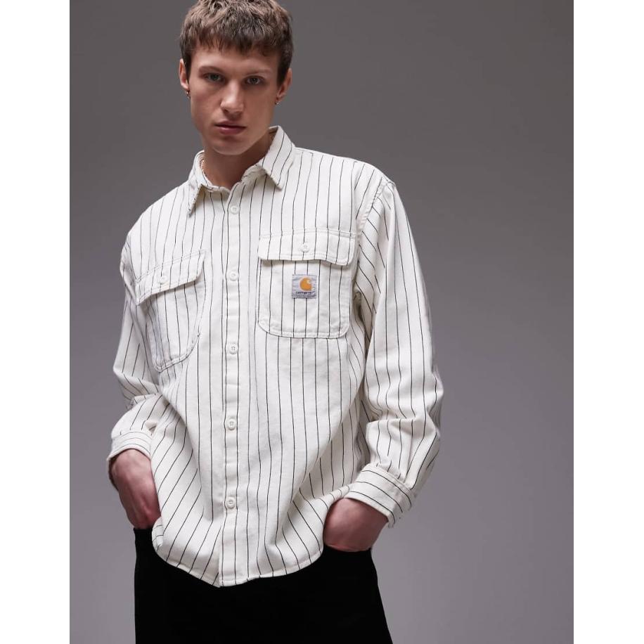 Carhartt WIP - Hendry - Gestreept overhemd in gebroken wit-Marineblauw Blauw