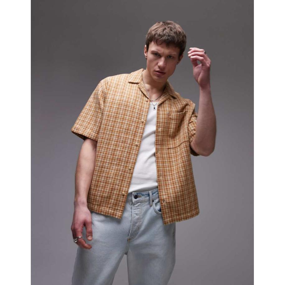 Topman - Ruimvallend geruit overhemd met korte mouwen in bruin-Blauw Blauw