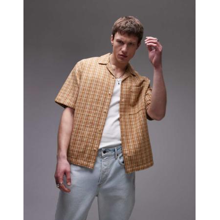 Topman - Ruimvallend geruit overhemd met korte mouwen in bruin-Blauw