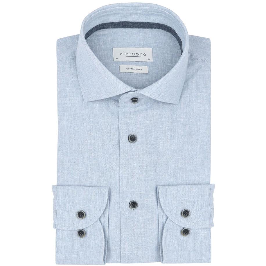 Profuomo Overhemd Linnen Blend Lichtblauw Blauw