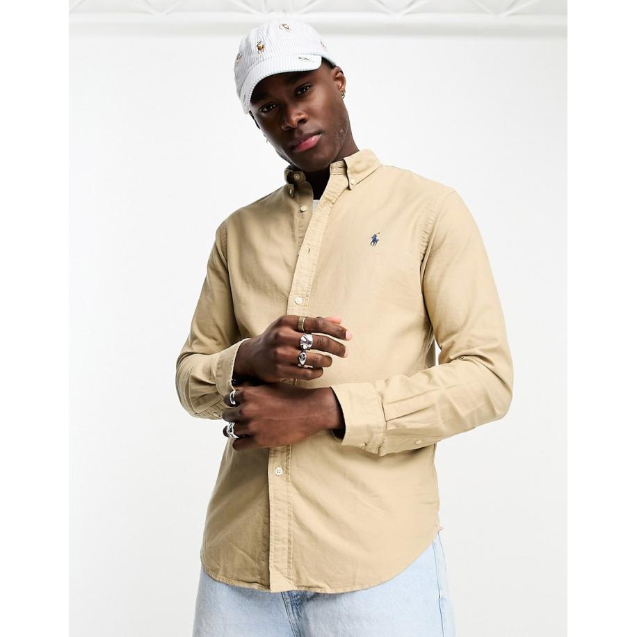 Polo Ralph Lauren - Slim fit Oxford overhemd met icoonlogo in bruine garment-dye Bruin