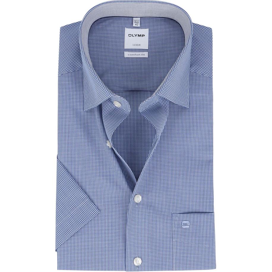 OLYMP Overhemd Luxor Korte Mouw Ruit Royal Blauw Blauw