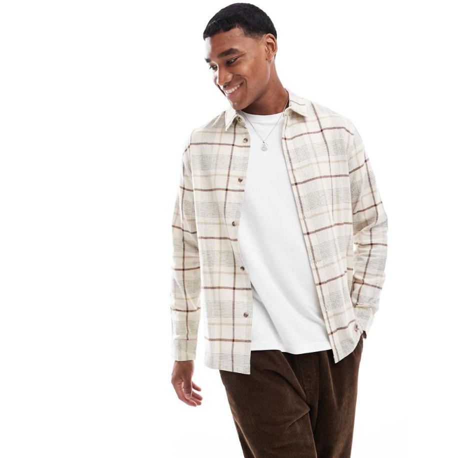 ASOS DESIGN - Regular-fit overhemd in neutraal ruitje met badge detail Multicolor