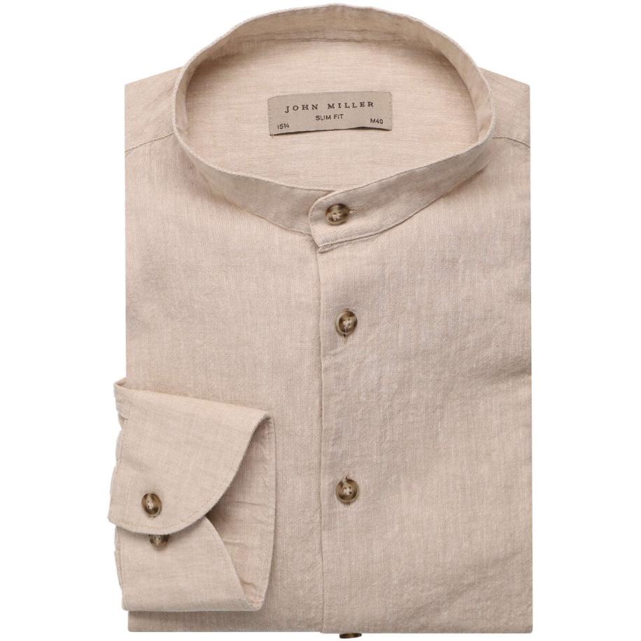 John Miller Linnen Overhemd bruin, Effen Bruin