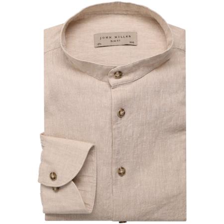 John Miller Linnen Overhemd bruin, Effen