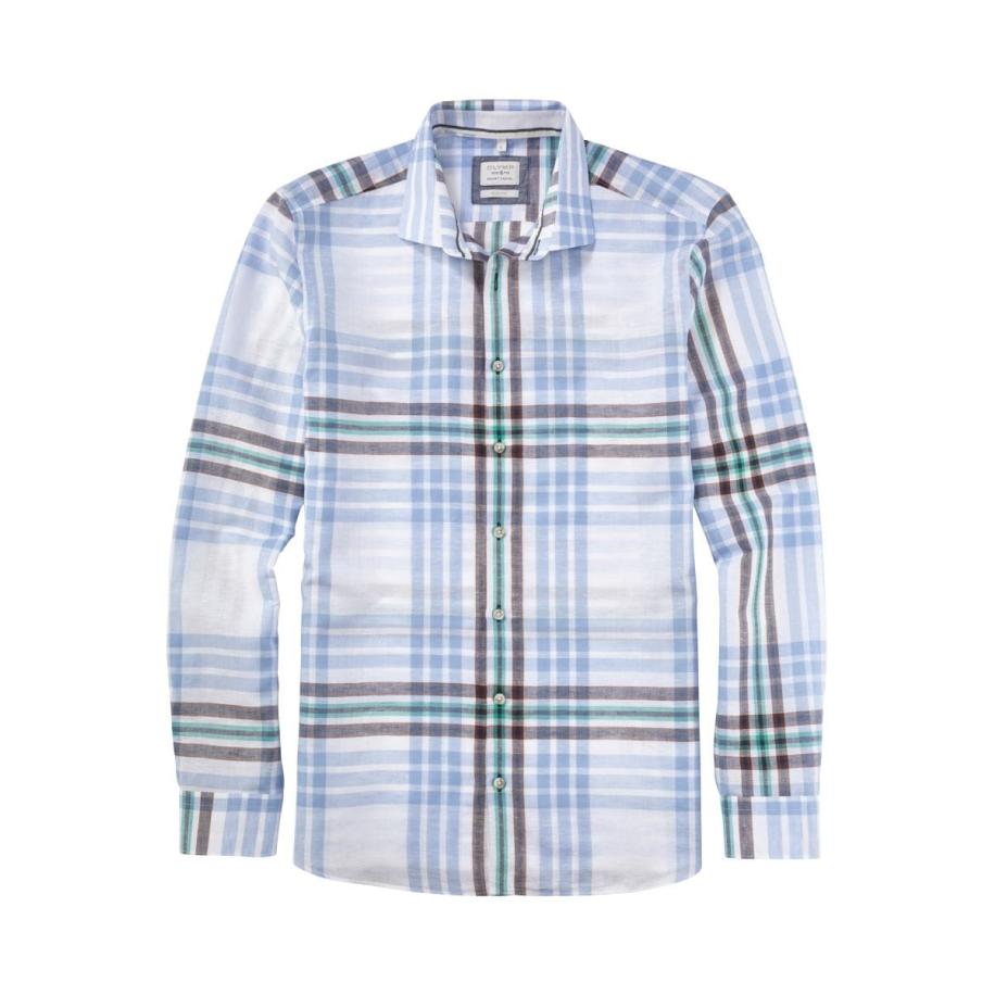 OLYMP Level Five Smart Casual Linnen Overhemd blauw, Ruit Blauw