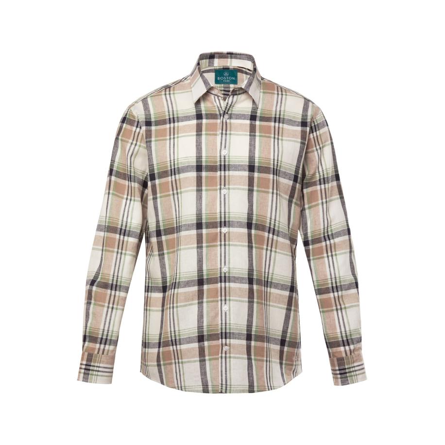 Boston Park Boston Park Overhemd beige / chamois / groen / zwart gemêleerd -