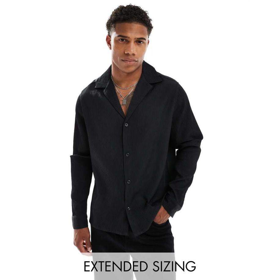 ASOS DESIGN - Ruimvallend plissé overhemd met diepe reverskraag in zwart Zwart