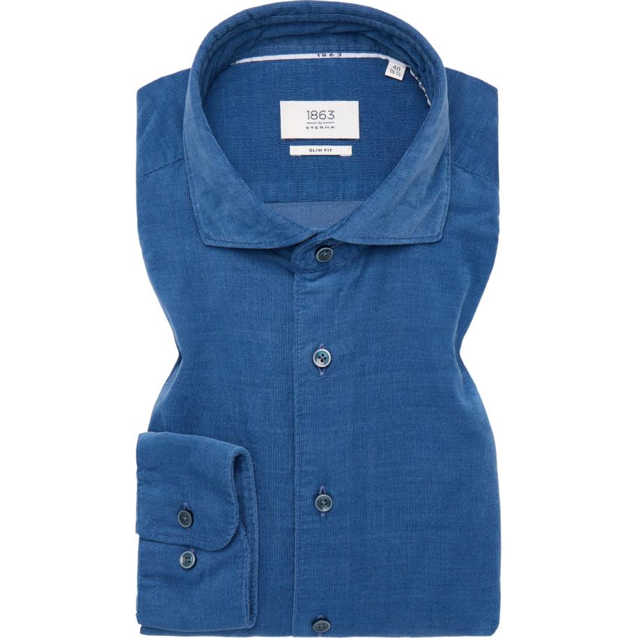 ETERNA 1863 ribfluwelen overhemd donkerblauw, Effen Blauw