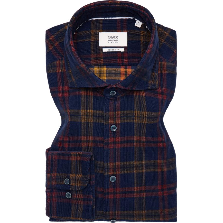 ETERNA 1863 ribfluwelen overhemd marine, Ruit Blauw